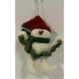 Crazy Mountain Plush Snowman‎ W/Red Hat and Green Scarf Christmas Ornament 6.5”